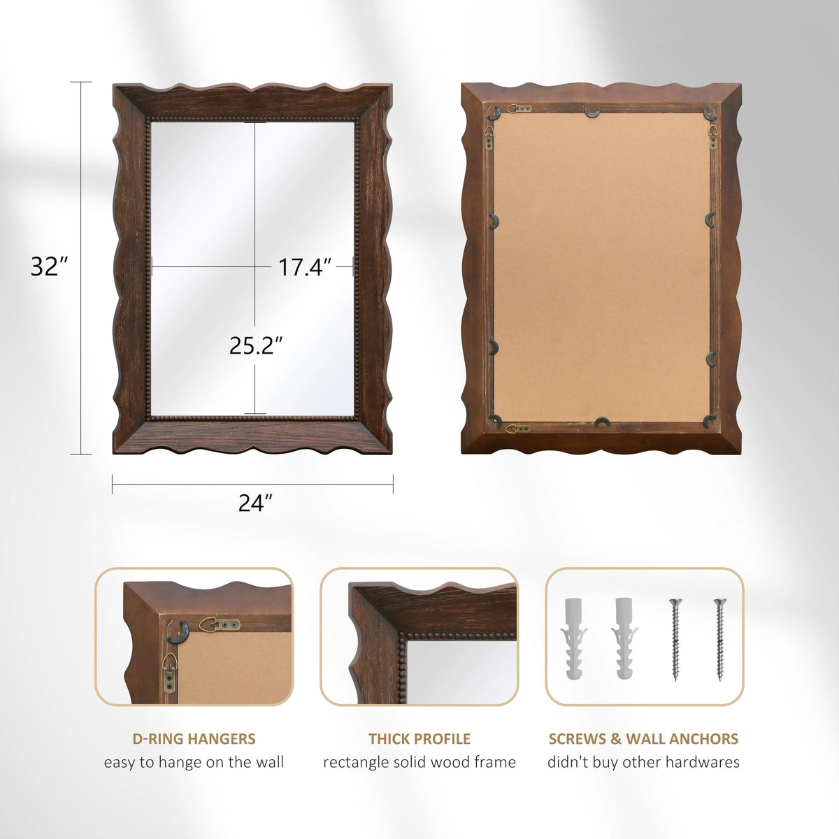 Besdomus Rustic Wooden Framed Mirror: 32" x 24" Dark Brown Wood Bathroom Mirrors for Wall - Vertical or Horizontal Hanging for Bathroom/Vanity/Entryway - Ideal for Farmhouse Style Lovers Besdomus