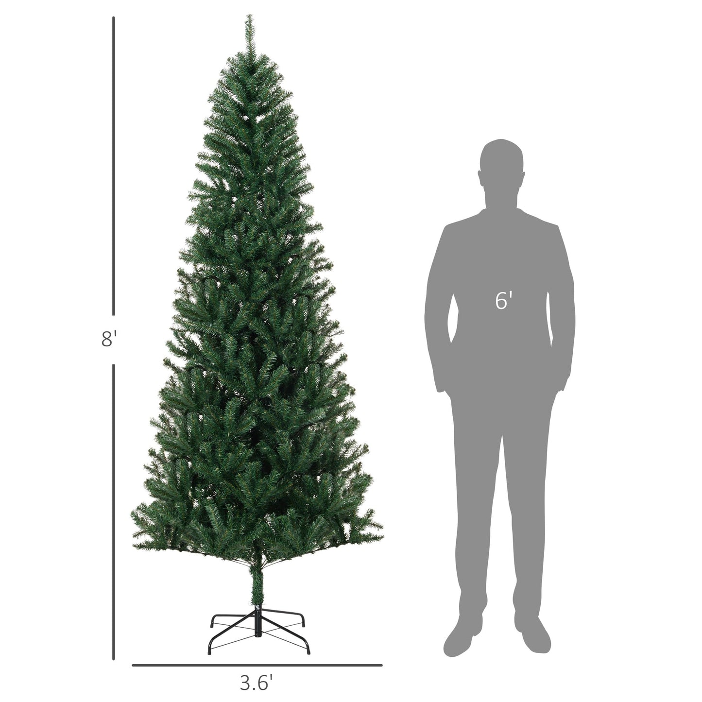 HOMCOM 8' Tall Unlit Slim Fir Artificial Christmas Tree with Realistic Branches, and 1168 Tips, Green