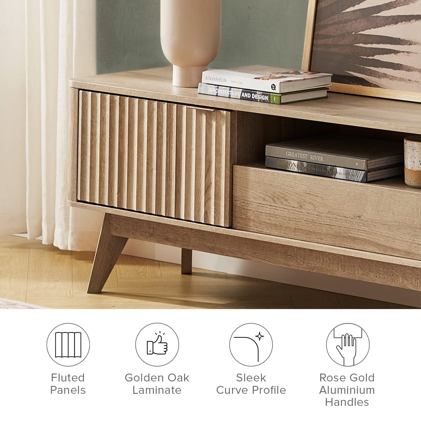 mopio Brooklyn Mid-Century Modern TV Stand, for TVs up to 50” Waveform Panel, Sleek Curved Profile with Adjustable Shelf and Sturdy Box Frame Leg (Golden Oak, 47") - WoodArtSupply