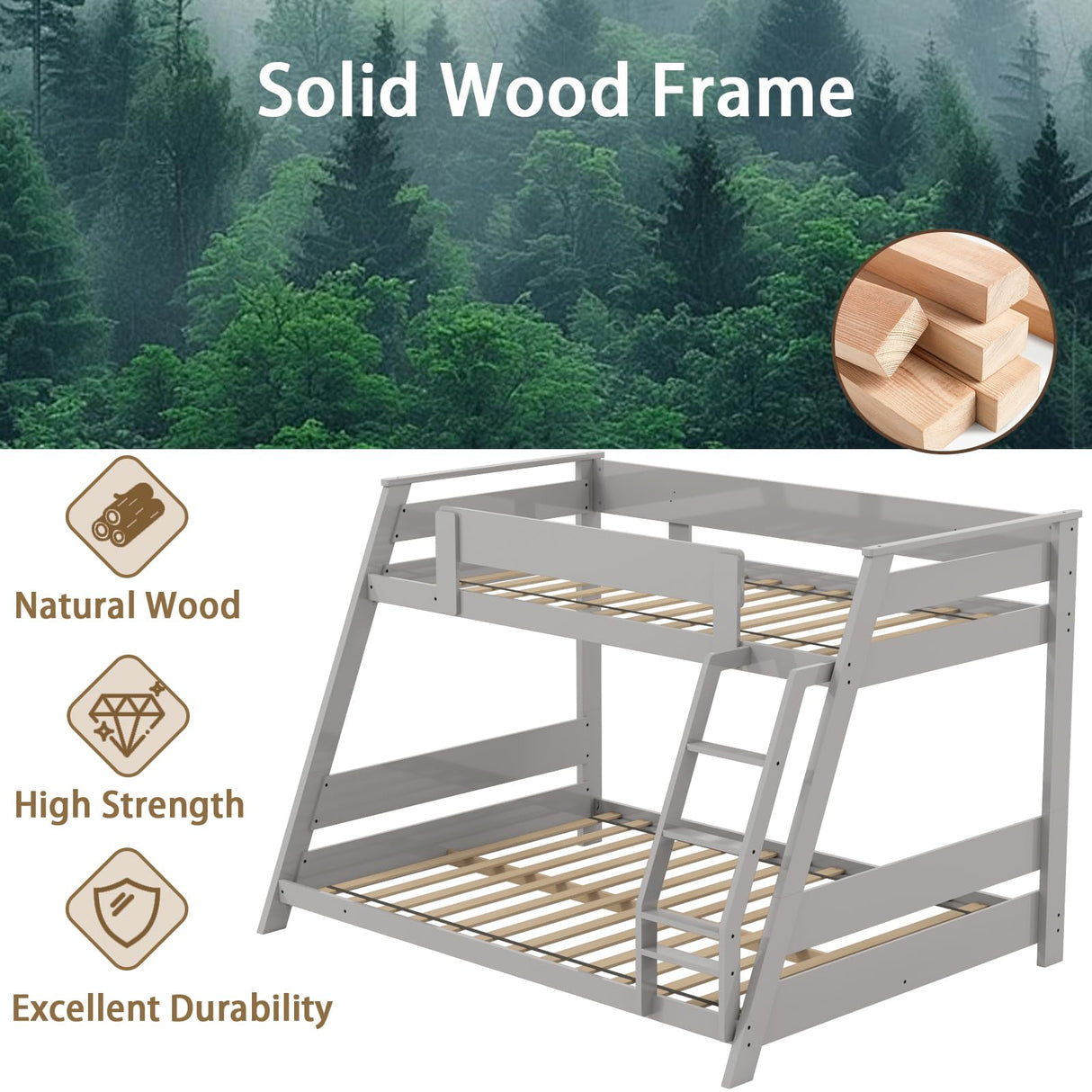 KOMFOTT Wood Twin Over Full Bunk Bed with Reversible Ladder, Wood Bunk Bed Frame with Slats Support & Safety Guardrails, Low Convertible Bunk Bed for Teens, Adults, No Box Spring Needed (Grey) KOMFOTT