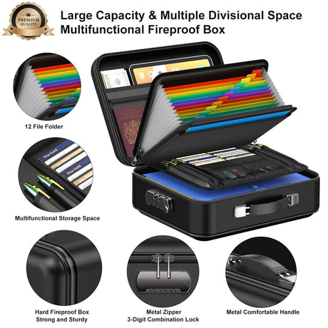COLCASE Fireproof Document Box, Hard Case Fireproof File Organizer with Lock Hard-Shell Design Fireproof Water Resistant Safe Box for Important Documents Certificates Laptop Passports Black COLCASE