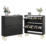 LYNSOM Shoe Cabinet with 2 Flip Drawers, Black Shoe Storage Cabinet, Slim Wooden Freestanding Shoe Rack, Shoe Organizer with Fluted Panel for Entryway Hallway LYNSOM