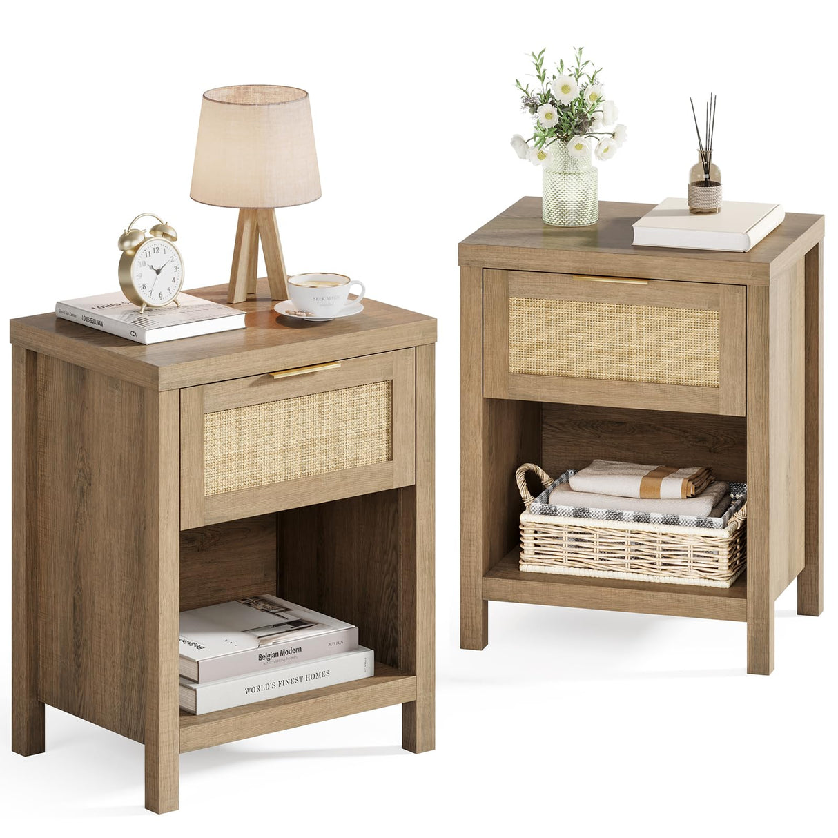 Eclatara Rattan Nightstand Set 2: Boho End Table with Drawer and Storage Shelf, Farmhouse Cane Accent Bedside Night Stands for Bedroom Small Space Sofa (2, Caramel Oak) Eclatara