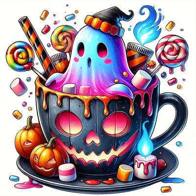 Ghost Pumpkin Cup Diamond Art Kits for Adults, 5D Halloween Diamond Painting Kits for Adults Beginners, DIY Full Round Drill Diamond Dot Painting Gem Art Kits for Adult, Home Wall Decor 13.8x13.8 Inch