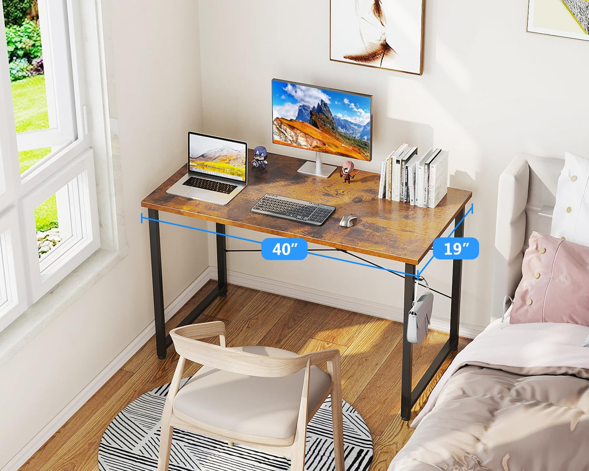 Casaottima 40 Inch Small Computer Desk for Home Office, Study Writing Table for Small Spaces, Simple Modern Desk with Headphone Hooks, Rustic Brown Casaottima