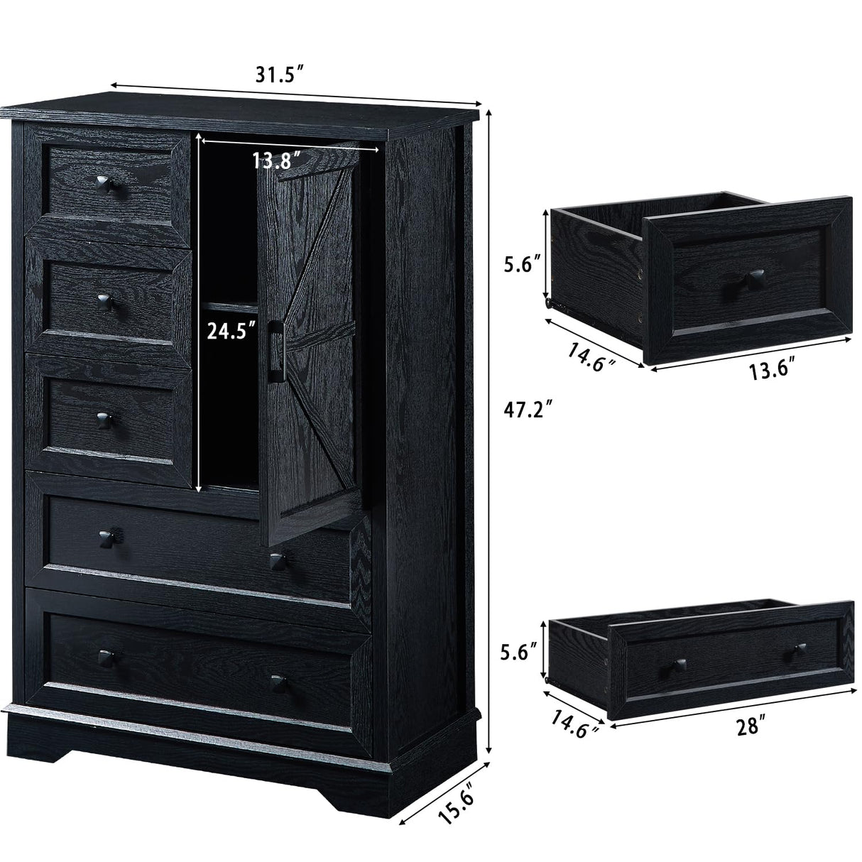 SOOWERY Dresser for Bedroom, Farmhouse Dresser with 5 Wooden Drawers and Storage Cabinet, 48 Inches Tall Chest of Drawers for Bedroom, Living Room, Hallway, Black SOOWERY