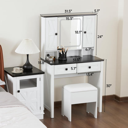 Real Relax Farmhouse Vanity Desk with Charging Station, Mirror & Light, 32 in Desktop, 3 Lighting Modes, Brightness Adjustable, Large Storage Space, Stool Inclusive, White - WoodArtSupply