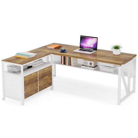 LITTLE TREE 63" L-Shaped Executive Desk & 32" Mobile Filing Cabinet Set in Walnut LITTLE TREE