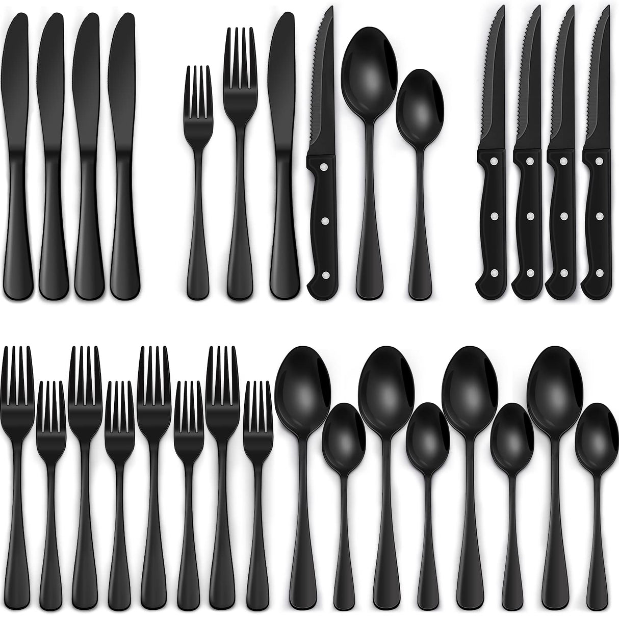 24-Piece Black Silverware Set with Steak Knives, Black Flatware Set for 4, Food-Grade Stainless Steel Tableware Cutlery Set, Mirror Finished Utensil Sets for Home Restaurant EWFEN