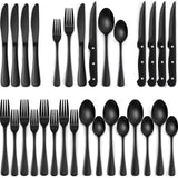 24-Piece Black Silverware Set with Steak Knives, Black Flatware Set for 4, Food-Grade Stainless Steel Tableware Cutlery Set, Mirror Finished Utensil Sets for Home Restaurant EWFEN