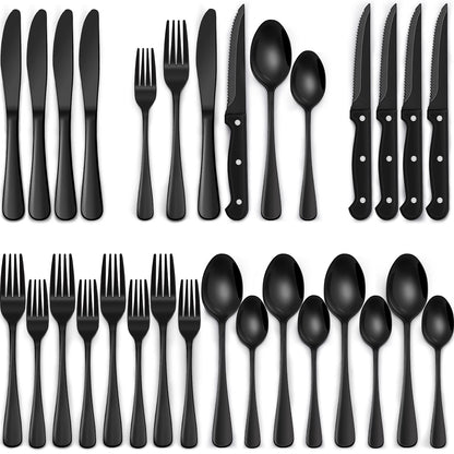 24-Piece Black Silverware Set with Steak Knives, Black Flatware Set for 4, Food-Grade Stainless Steel Tableware Cutlery Set, Mirror Finished Utensil Sets for Home Restaurant