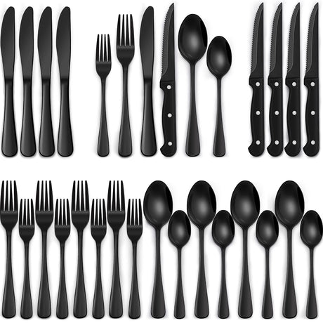 24-Piece Black Silverware Set with Steak Knives, Black Flatware Set for 4, Food-Grade Stainless Steel Tableware Cutlery Set, Mirror Finished Utensil Sets for Home Restaurant EWFEN