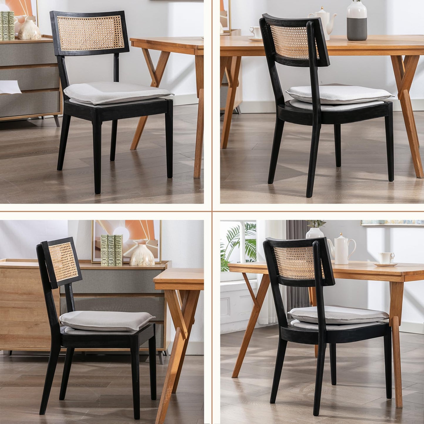 Guyou Black Rattan Dining Chairs Set of 2, Linen Upholstered Farmhouse Dining Chairs with Cane Back, Wood Kitchen Dining Chairs with Removable Cushion, Armless Cane Dining Chair for Dinner Li - WoodArtSupply