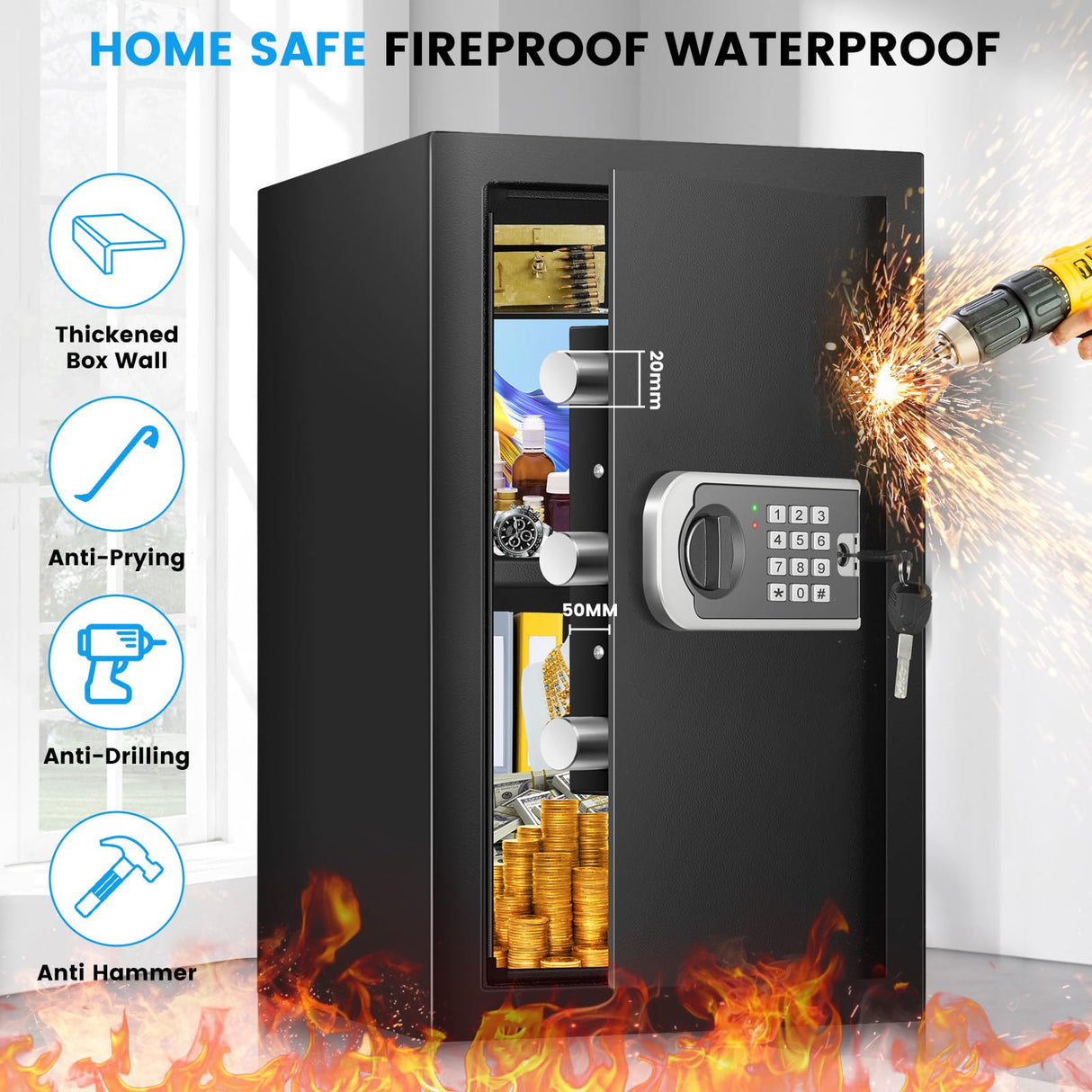 3.0 Cuft Safe Box, Home Safe Fireproof Waterproof, Security Digital Safe Box with Electronic Keypad, Spare Key, Smart Alert, Mute Mode, Anti-Theft Fireproof Safe for Document Money Valuable FOWORE