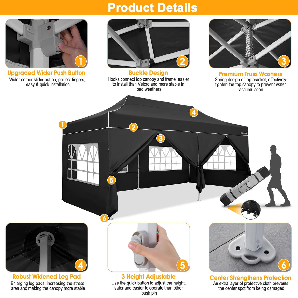 HOTEEL 10x20 Heavy Duty Pop Up Canopy Tent with Sidewalls, Commercial Outdoor Canopy Tents for Parties Event Wedding with Roller Bag, Waterproof & UV 50+, Upgraded Thickened Hexagonal Legs, Black Hoteel
