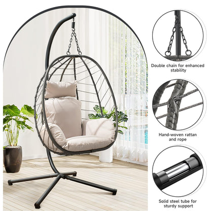 ONBRILL Hanging Egg Chair with Stand, Outdoor Indoor Egg Swing Chair with Cushion Headrest, Rattan Wicker Egg Chair with Dual Chains, 350LBS Capacity for Patio, Porch, Balcony, Bedroom (Khaki)