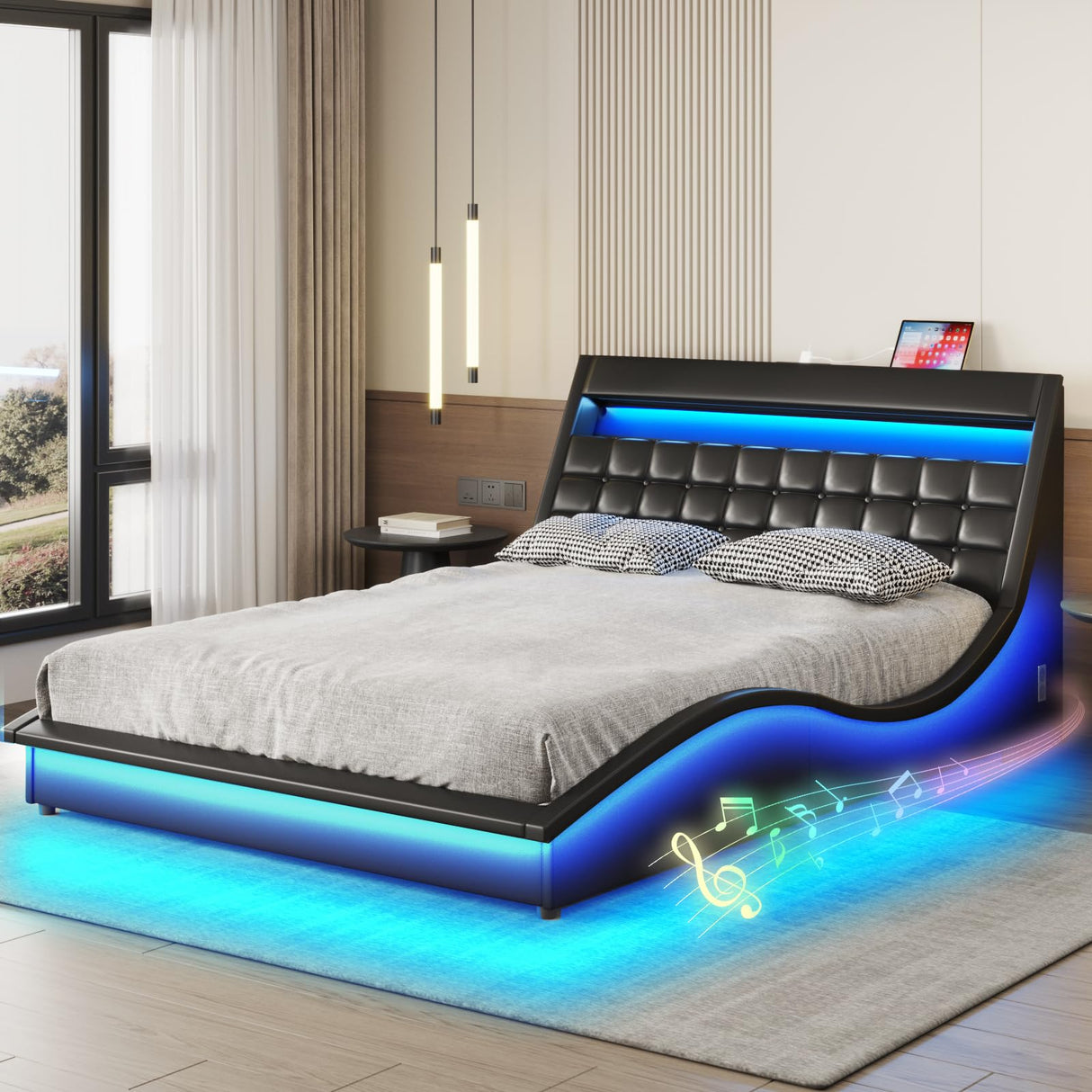 Fameill LED Queen Size Bed Frame with Bluetooth Speaker & Charging Station, PU Leather Upholstered Platform Bed Frame with Modern Wave-Like Curve, Low Profile, Noise Free, No Box Spring Needed, Black Fameill
