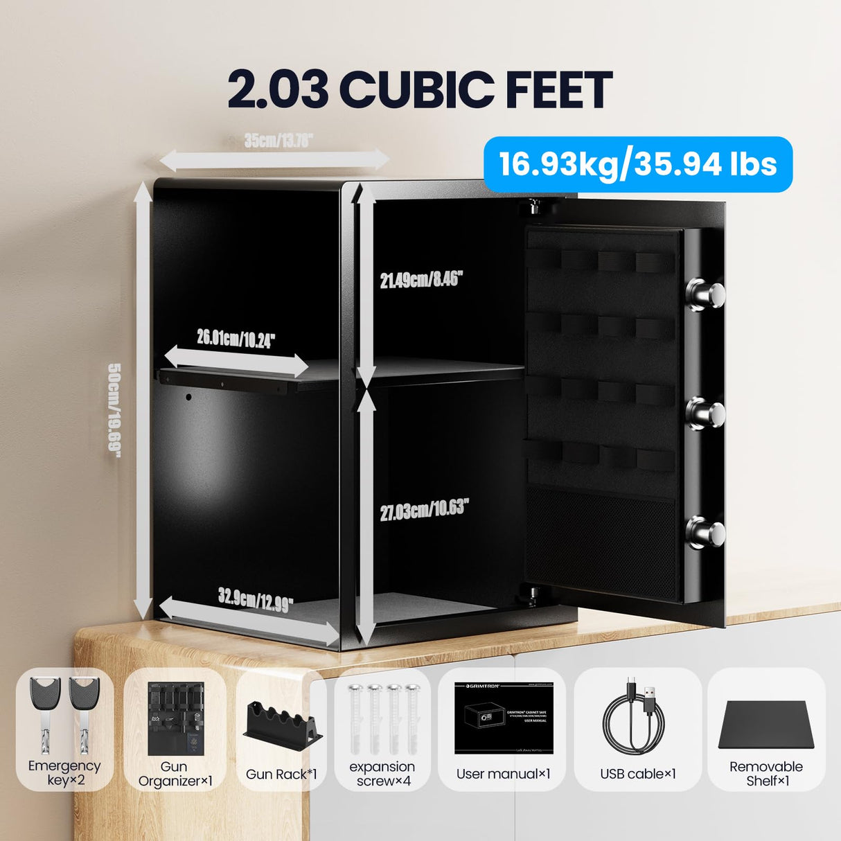 Grimtron Gun Safe for Handgun - (2.03 cu. ft.) Include 【Gun Organizer & Gun Rack】 Silent Mode, Backlit Keypad, and LED Light Safe Box Anti-Rust, Anti-Theft, Anti-Pry Grimtron