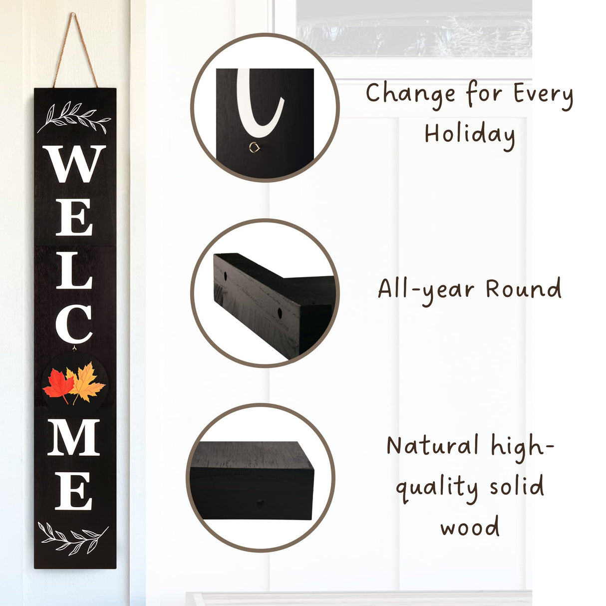 Welcome Sign for Front Door, 47 x 7.9 Wooden Sign with 10 Interchangeable Icons for Porch Standing, Farmhouse Seasonal Decor (Black) PERFNIQUE