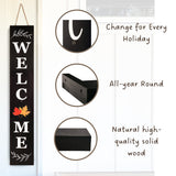 Welcome Sign for Front Door, 47 x 7.9 Wooden Sign with 10 Interchangeable Icons for Porch Standing, Farmhouse Seasonal Decor (Black) PERFNIQUE