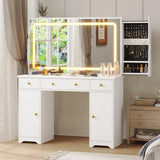 Hasuit Makeup Vanity Desk with Large Mirror and LED Lights, Vanity Table with Sliding Jewelry Cabinet and Power Outlets, Vanity with Storage Cabinets & Drawers, 3 Lighting Modes Brightness Adjustable Hasuit
