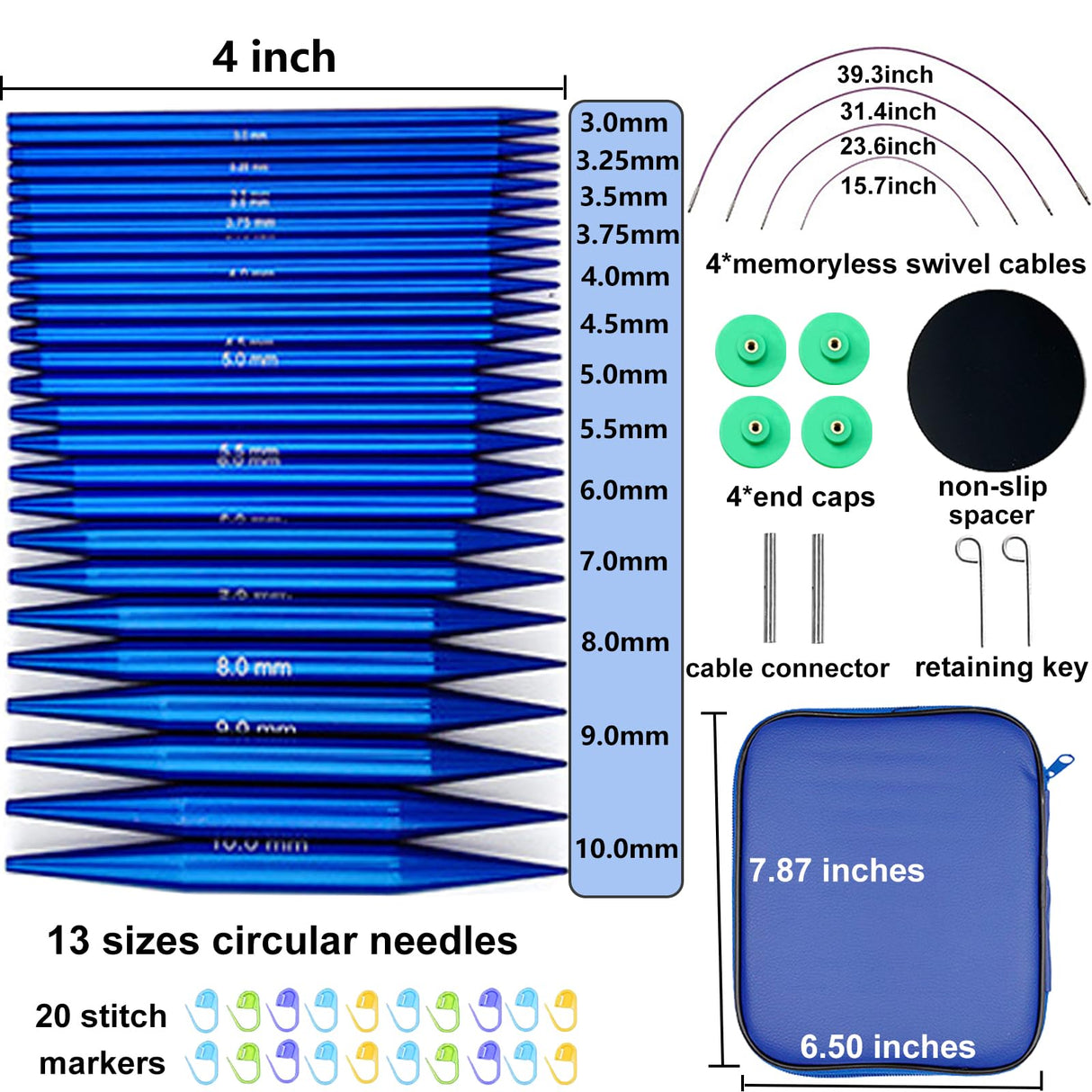 Hobekoee 13 Pairs Interchangeable Circular Knitting Needles Set 3mm-10mm Interchangeable Aluminum Round Knitting Needles Set with 4 Swivel Cables for DIY Knitting Lovers Hobekoee