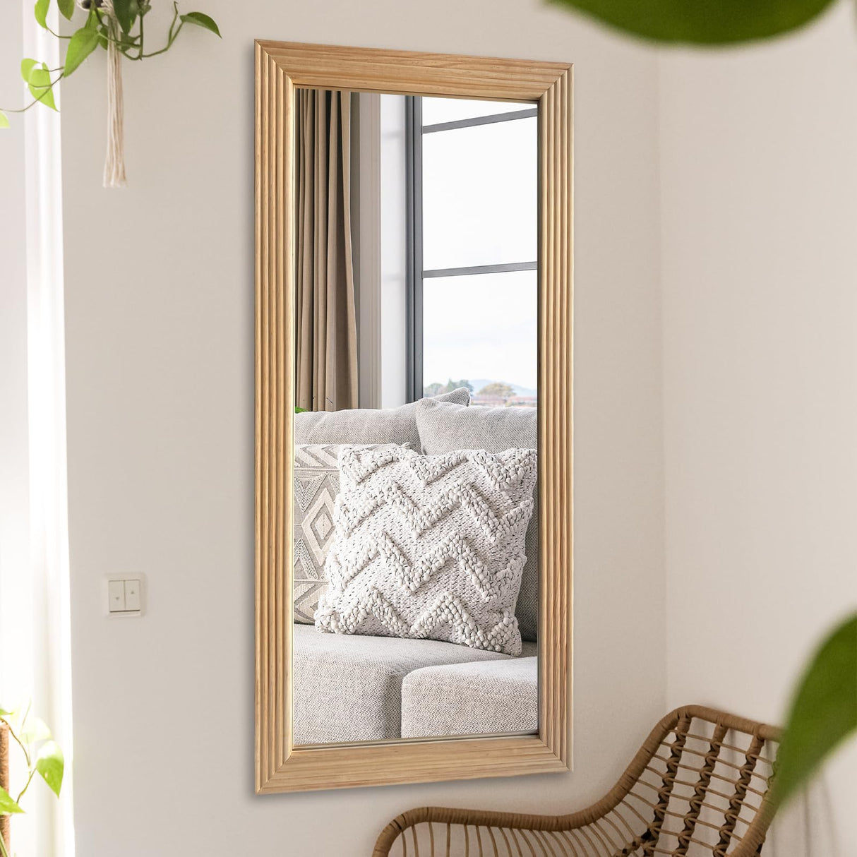 DAOYIJIAJU Large Wooden Framed Wall Mirror, Rustic Natural Wood Hanging Mirror, Farmhouse Wall Mirror for Bathroom Vanity Bedroom Living Room, Vertical or Horizontal Hanging, 47" x 22" DAOYIJIAJU