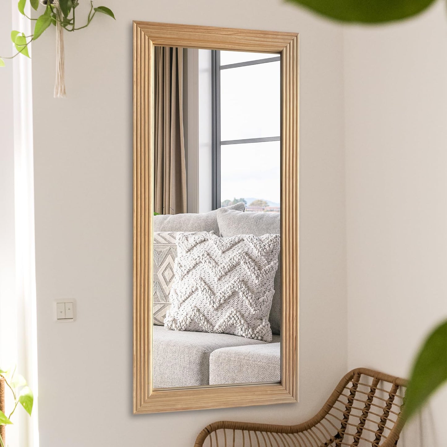 DAOYIJIAJU Large Wooden Framed Wall Mirror, Rustic Natural Wood Hanging Mirror, Farmhouse Wall Mirror for Bathroom Vanity Bedroom Living Room, Vertical or Horizontal Hanging, 47" x 22" - WoodArtSupply