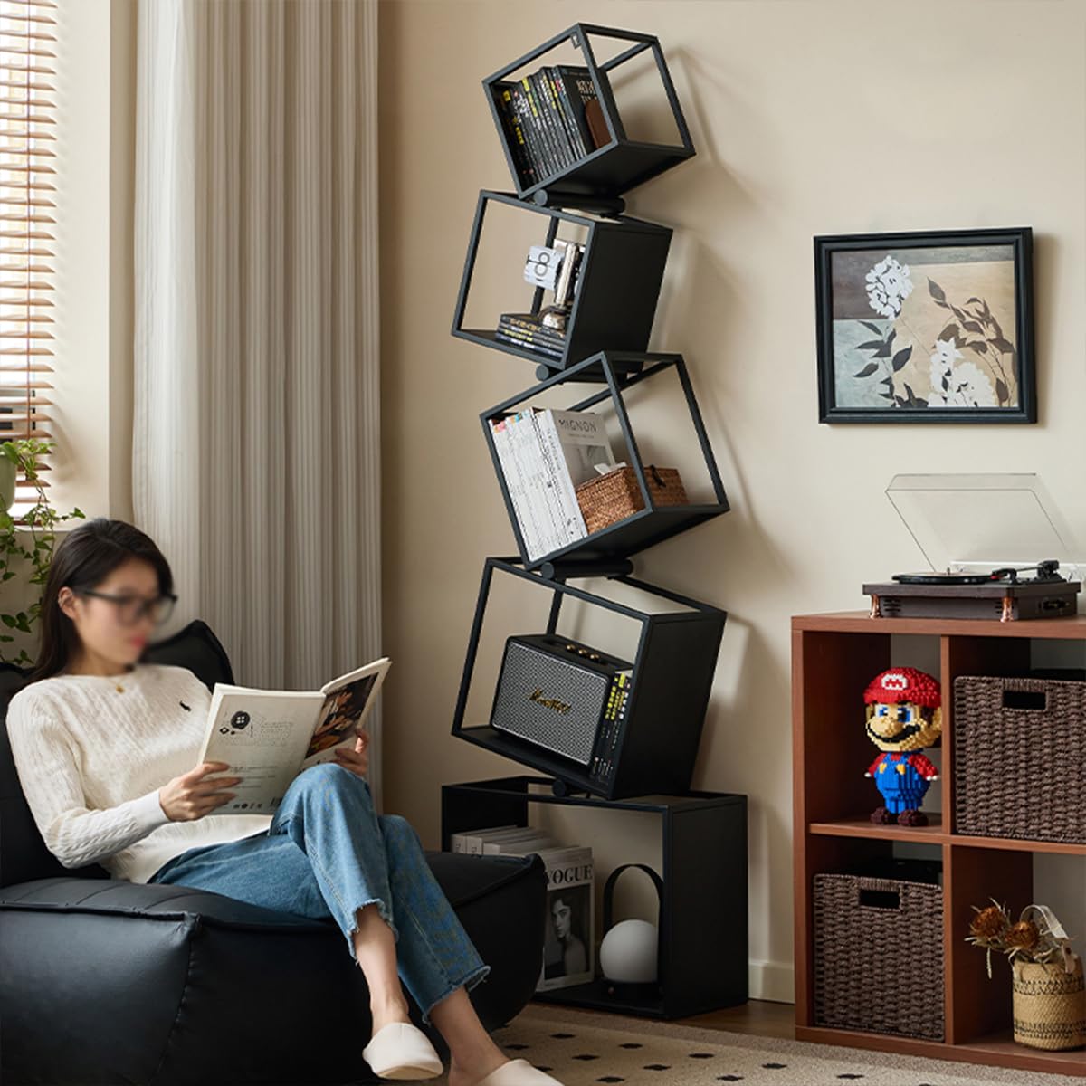 BUZUEY Geometric Bookshelf,5-Tier Unique Bookcase,72.8" Tall Black Modern Book Shelf,Corner Storage Shelves for CDs/Books/Home Decor,Vertical Bookshelf Book Tower for Living Room, Bedroom BUZUEY