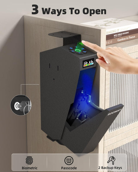 Gun Safe, Mounted Biometric Pistol Safe Drop Down Gun Lock Box for Handgun with 3 Ways Quick Access Bedside Pistol Case for Nightstand, Desk, Wall, Dresser SOOWAY