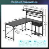 PRAISUN L Shaped Gaming Desk with Shelves, Corner Computer Table with LED Lights, Power Outlets and USB-C Ports, 50 Inch Reversible Home Office Desk with Storage Drawer, for Work and Study, Black PRAISUN