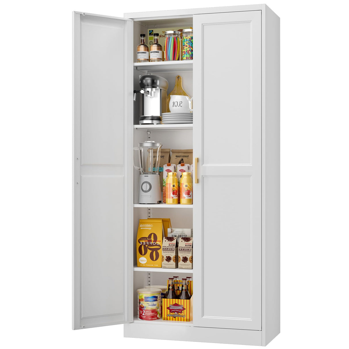 71" Tall Metal Storage Cabinet with Adjustable Shelves, Kitchen Pantry Storage Cabinet with Gold Handles, Heavy Duty Steel Cabinets, White Pantry Cabinet for Dining Room, Kitchen - Assembly Required MetalMax