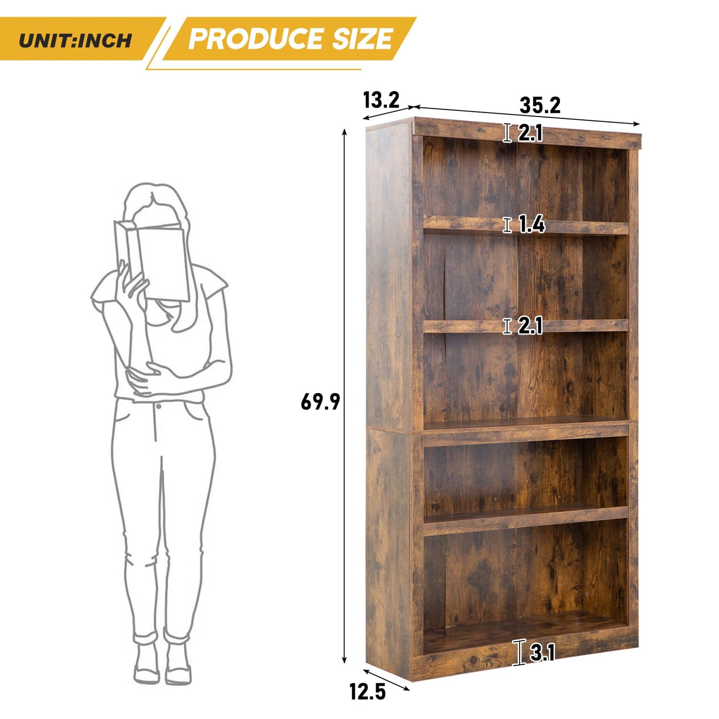 PayLessHere Modern Brown 5-Tier Bookshelf for Stylish Storage and Organisation - WoodArtSupply