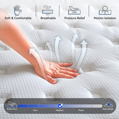 Queen Mattress, 12 inch Memory Foam Mattress Queen Mattress in a Box, Medium Firm Mattress Queen Memory Foam Hybrid Mattress with Individual Pocket Spring for Pressure Relief