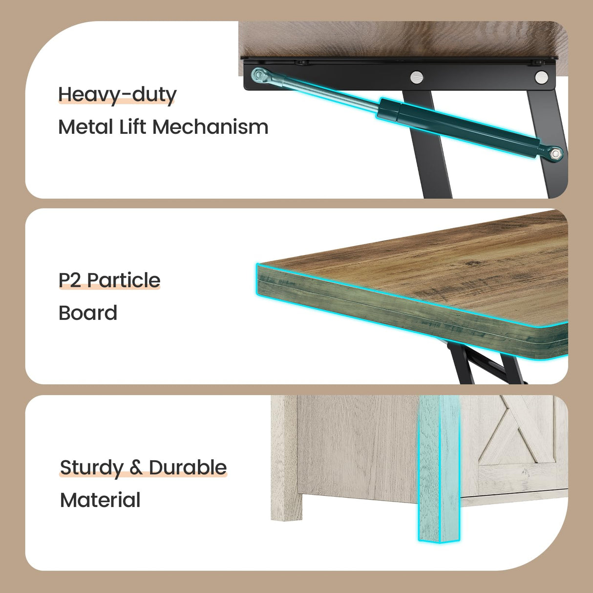 SEDETA Lift Top Coffee Table, 4 in 1 Multi-Function Convertible Coffee Tables with Storage and Hidden Compartment, Farmhouse Coffee Table Converts to Dining Table for Living Room, Brown Top SEDETA