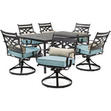 Hanover Montclair 7-Piece Outdoor Dining Set with 6 Swivel Rockers, Ocean Blue Cushions and Stamped Steel Rectangular Dining Table, Patio Dining Set for 6, Premium All-Weather Patio Furniture for Deck Hanover