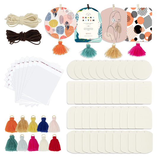 Temlum 40 Pcs Sublimation Air Freshener Blanks with 40 Pcs Tassels, Elastic Rope, Clear Bag, Sublimation Blanks Products DIY Air Freshener for Car, Home Hanging Decoration Sublimation Accessories