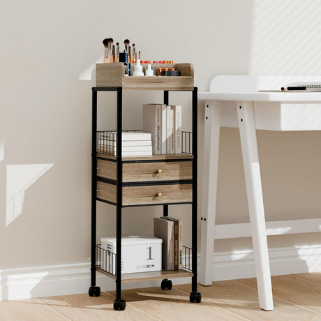 Makeup Organizer Cart Shelf Floor Skincare Organizers Make Up and Station Storage Cabinet For Vanity Standing Cosmetics With Drawers and Wheels For Nail Polish Perfume Hair Tool Beauty(Grey Oak) lurcns