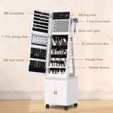 VECELO Jewelry Cabinet Standing Full Length Mirror with Interior LED Lights, 360° Swivel Lockable Jewelry Armoire with Bottom Cabinet Back Storage Shelf and Four Wheels, White VECELO