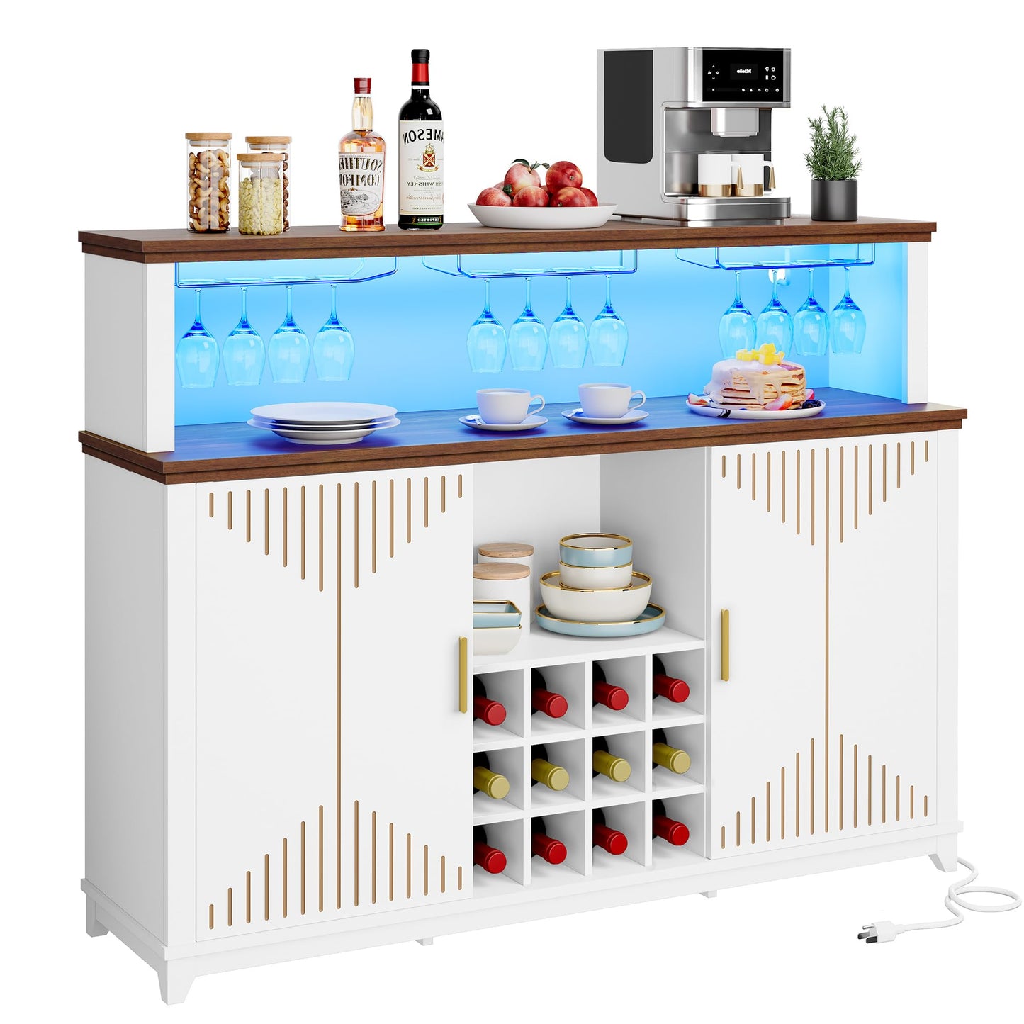 YITAHOME 55" Coffee Bar Cabinet with LED Lights & Power Outlets, Kitchen Buffet Cabinet with Door Wine and Glass Rack, Home Liquor Bar Cabinet with Storage Shelves for Kitchen, Living Room, White
