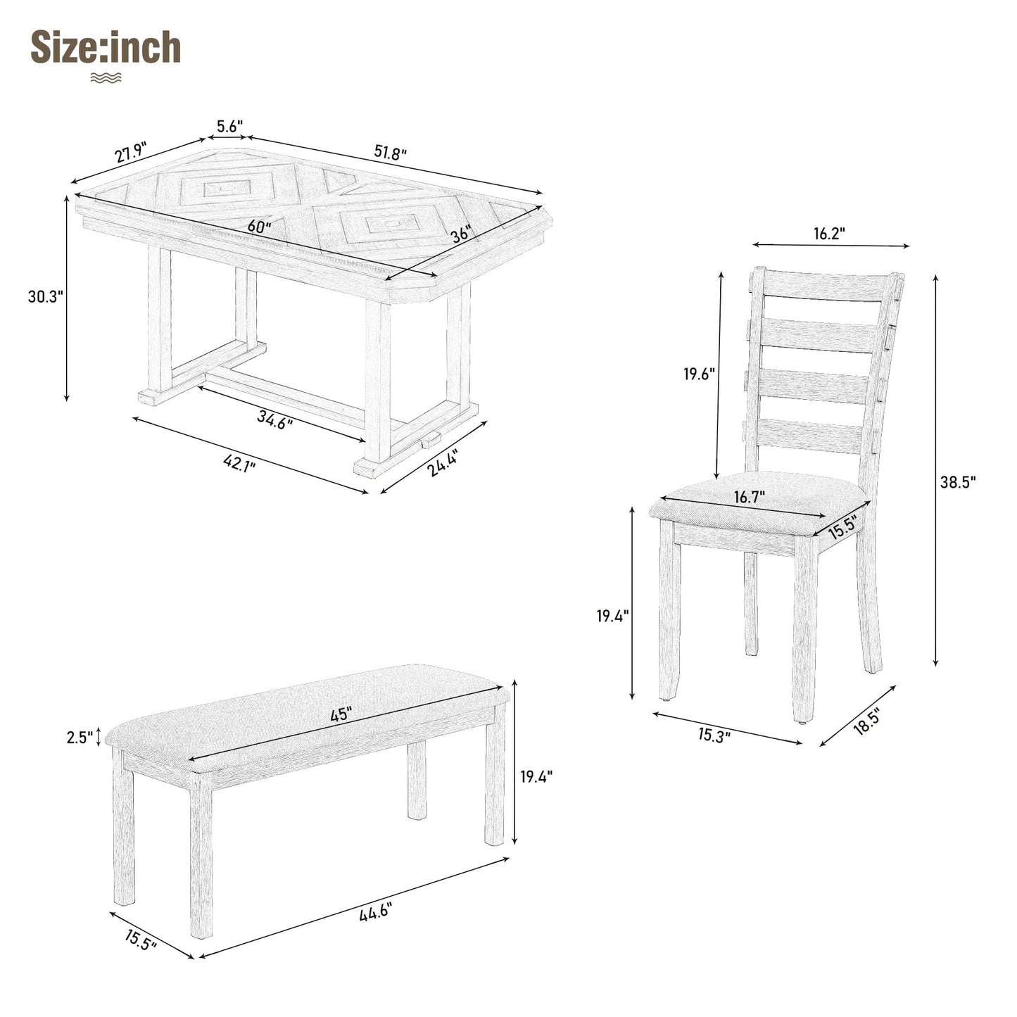 Merax 6-Piece Rubber Dining Table Set with 4 Cushioned Chairs and Bench, Beautiful Wooden Grain Pattern Tabletop, 60 x 36 x 30.3 inch, Natural Wood Wash - WoodArtSupply