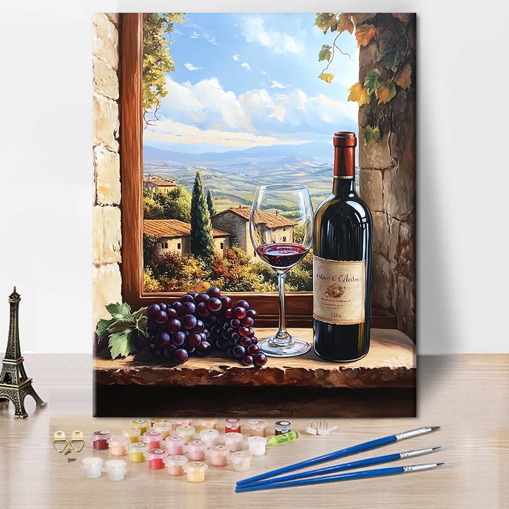 Paint by Numbers Kit for Adults Beginner - Vineyard Window View with Bottle and Glass of Red Wine, Grapes and Scenic Landscape, Relaxing DIY Arts and Crafts for Adults - 16x20 Inch TUMOVO