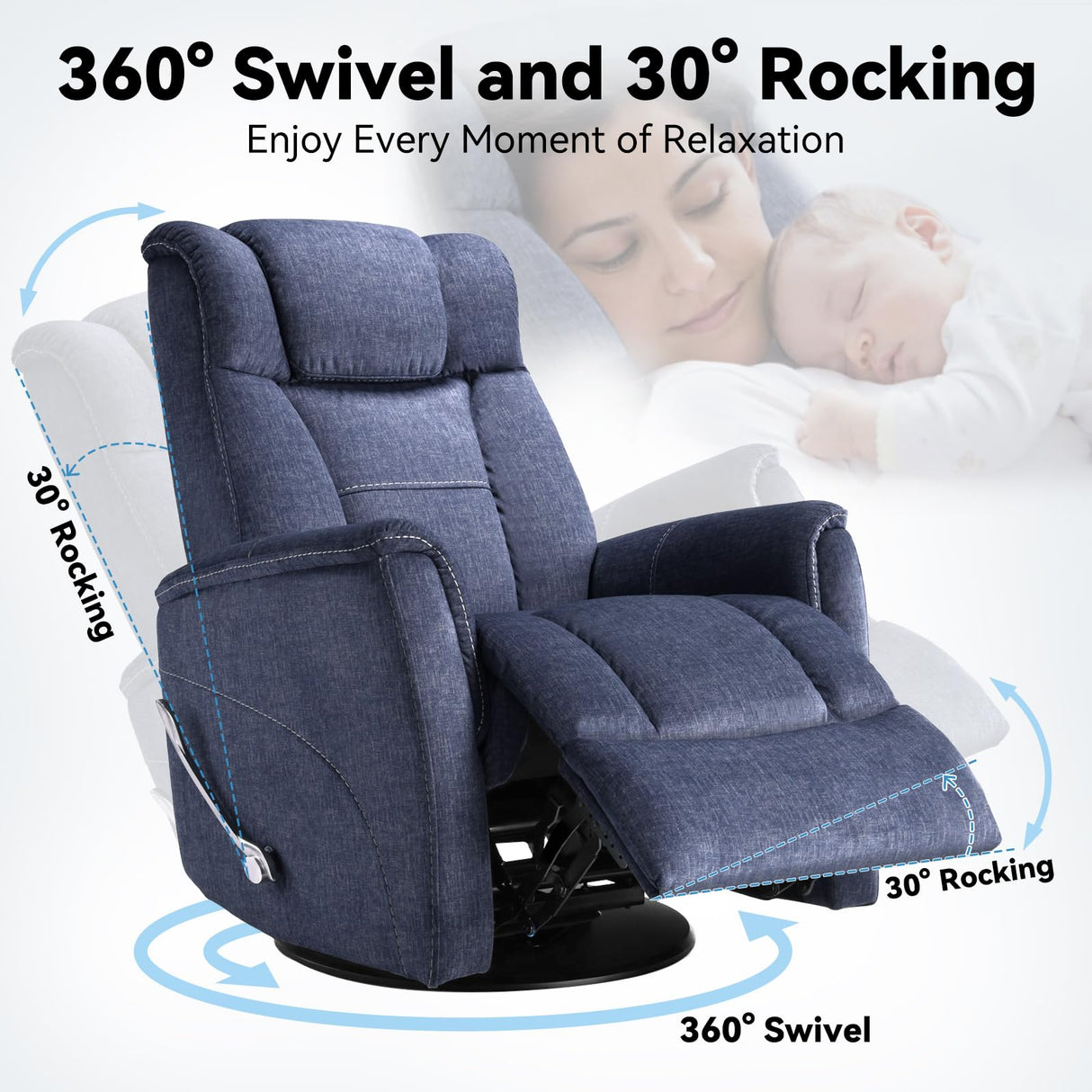 Susalt 360° Swivel Rocking Recliner, Manual Comfy Nursery Glider Rocker Chair for Indoor Bedroom, Upholstered Soft Fabric Living Room Reclining Chair with Lumbar Support for Adults (Blue) Susalt