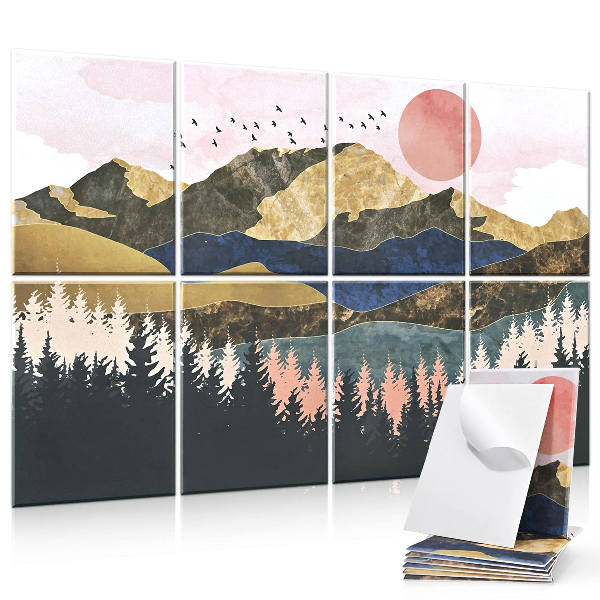 Tutmyrea Art Acoustic Panels, 48"X32" Self-adhesive Sound Proofing Padding, 8 Pack Acoustical Soundproof Wall Panels, Decorative Sound Absorbing Panels for Home & Office (Mountain Tree) Tutmyrea