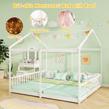 KOMFOTT Double Twin Floor House Bed, House Platform Beds for 2 Kids, Double Montessori Floor Bed with Safety Guardrails, No Box Spring Needed, Wooden Slat Supported Twin Floor Bed (White) KOMFOTT
