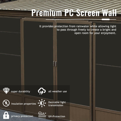Domi 10x12FT Sunroom Gazebo,Solarium Aluminum Wall Mounted Gazebo with Galvanized Steel Sloping Roof,Lockable PC Screen House,with Front Door&Side Sliding Door,Lean to Gazebo for Patio Deck Lawn