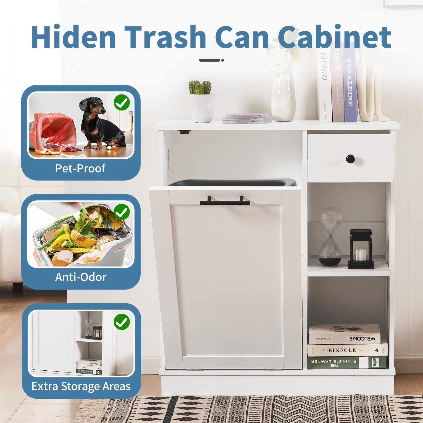 Pipleo Tilt Out Trash Cabinet 10 Gallon, Trash Can Cabinet with 2 Storage Areas for Kitchen, Living Room, Bathroom, Freestanding Trash Cabinet with Hideaway Drawer - WoodArtSupply