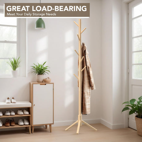 Hupmad Wooden Tree Coat Rack Stand,Sturdy Freestanding Coat Rack with 8 Hooks,3 Adjustable Height for Child Adult,Wood Coat Stand Tree Fits Entryway Bedroom Office for Bags,Hats Hupmad