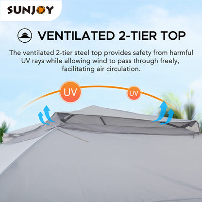 Sunjoy 11x11 ft. Pop-Up Instant Gazebo, Outdoor Portable Steel Frame 2-Tier Top Canopy/Tent with Netting and Carry Bag, Gray - WoodArtSupply