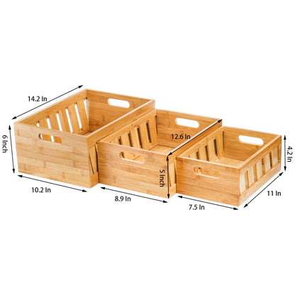 Nicunom Set of 3 Bamboo Nesting Storage Crates, Rustic Decorative Wooden Crates Storage Container with Handle, Farmhouse Style Wood Box for Storage Decoration Display